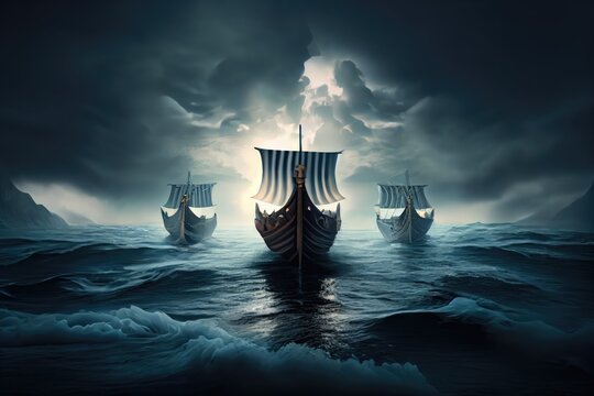 Vikings ships on the horizon of a stormy ocean. Generative AI.