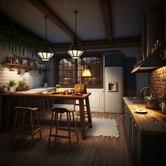modern kitchen interior design illustration at night with lights