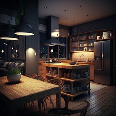 modern kitchen interior design illustration at night with lights