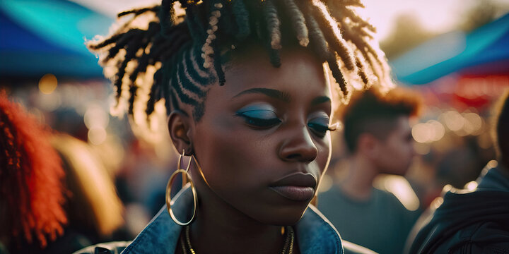 AI illustration of stylish black woman with bright makeup and dreadlocks