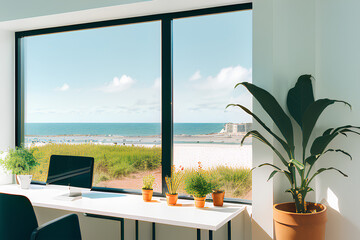 Homeoffice with beautiful ocean view, cozy with plants, created with Generative AI