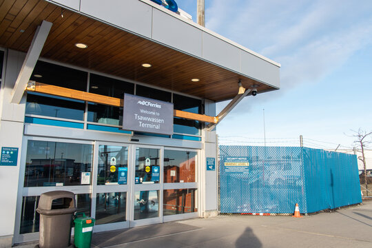 Delta, Vancouver, CANADA - Jan 4 2023 : Entrance of BC Ferry Tsawwassen Ferry Terminal. Its primarily routes are to the Swartz Bay at Victoria, Duke Point at Nanaimo and the southern Gulf Islands