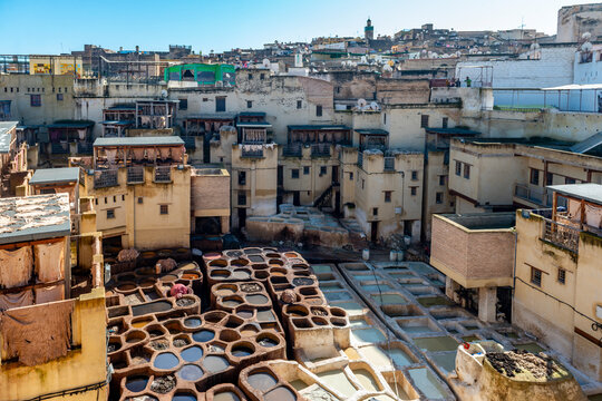  The tannery in Fez. The tanning industry in the city is considered one of the main tourist attractions. The tanneries are packed with the round stone wells filled with dye