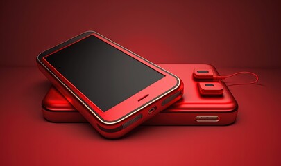  a red cell phone sitting on top of a red case with a charger plugged into the back of the phone, on a red background.  generative ai