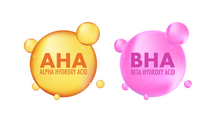 AHA and BHA. Alpha hydroxy acid and beta hydroxy acid. Dermal and beauty. Vector stock illustration.