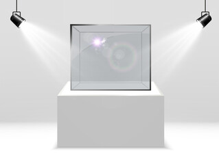 Realistic glass box or container on a white stand .Vector illustration.	
