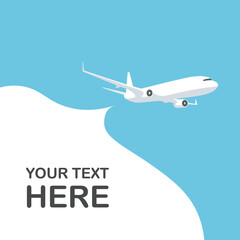 Flying plane with the advertising banner for your text. Travel poster template. Vector illustration in trendy flat style.