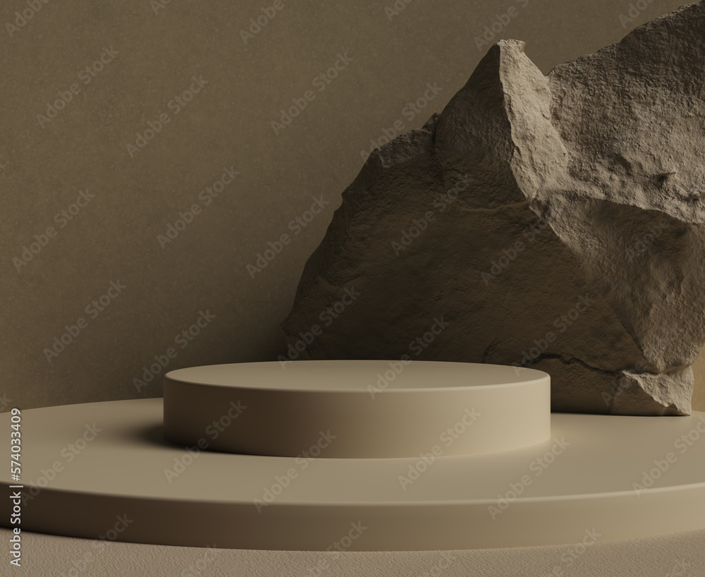 Poster minimal abstract interior with podium and stone. object display product presentation mockup. 3d rend