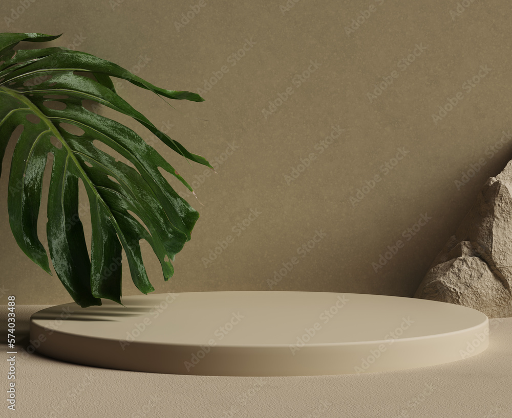 Poster Cosmetic beauty product presentation with big tropical leaf monstera plant and stone on the wall minimal scene with podium object placement 3d rendering