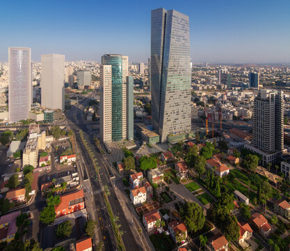 Tel Aviv aerial summer view. Skyscrapers and green living area