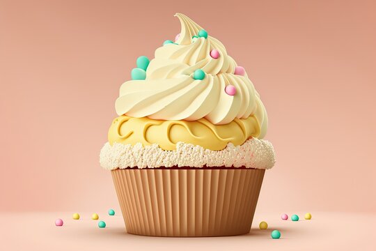 Homemade cupcake with cream on a pink background. Generative ai