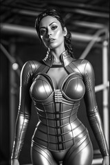 Fototapeta na wymiar Futuristic Femme Fatale: A Beautiful Model in a Metallic Rubber/Latex Suit with