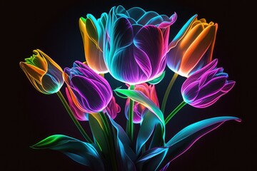 Bouquet of neon tulips on a black background. Generative AI