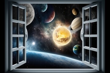 Planets of the solar system. View from the open window. Generative AI