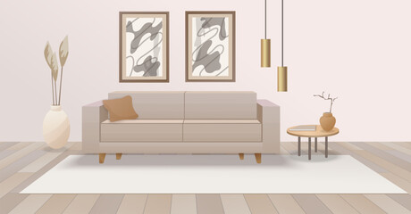 Illustration modern home interior in beige color with ethnic boho decoration. Vector mockup apartment design living room furniture sofa, table, lamps, abstract paintings on the wall. 