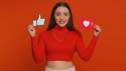 Like. Lovely woman raises inscription thumbs up banner thumbs up agrees with something, gives...