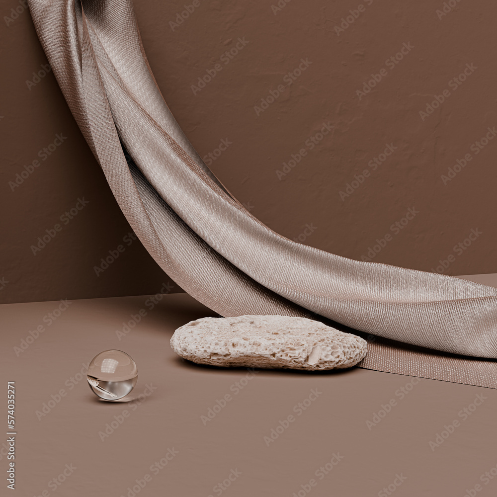 Poster cosmetic product display, empty studio room scene with stone and cloth decoration abstract elements 
