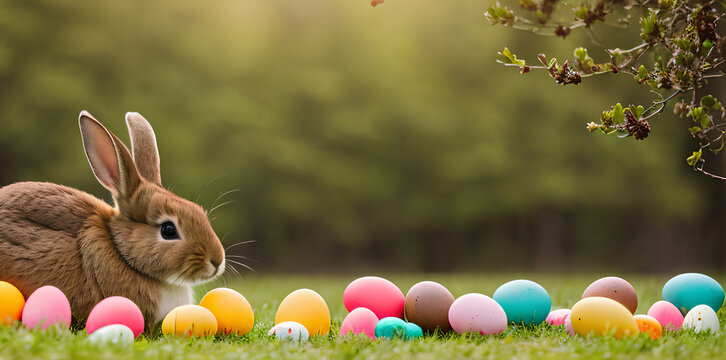 Happy easter! Eastern Cute easter bunny meadow / rabbit / grass / nature / Easter Eggs / Ostern / Eastern - Decoration concept for greetings and presents on Easter Day celebrate time / Copy Space / Sp