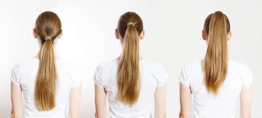 Closeup woman different ponytails back view isolated white background. Hair Natural blonde straight long Hairstyle. Easy quick simple making styling ponytail. Hair-extensions for beautiful pony tail - obrazy, fototapety, plakaty