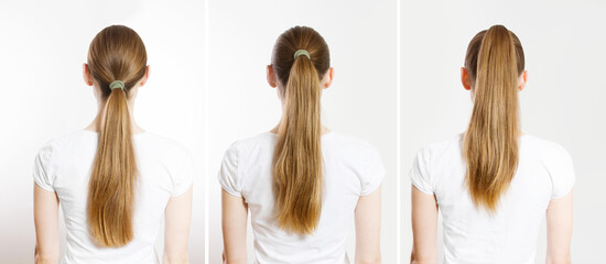 Closeup woman before after ponytails back view isolated white background. Hair Natural blonde straight long Hairstyle. Easy quick simple making styling ponytail. Hair-extensions for pony tail - obrazy, fototapety, plakaty