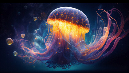 World jellyfish day. Glowing jellyfish on a dark background seascape. International day of the oceans. Ai generated. - obrazy, fototapety, plakaty