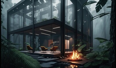  a house in the middle of a forest with a fire in the middle of the room and a fire pit in the middle of the room.  generative ai