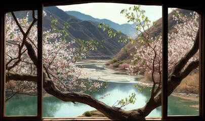  a window with a view of a river and mountains outside of it, with a tree in the foreground and a river running through the window.  generative ai