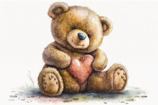 Happy teddy bear with a heart, watercolor style. AI generative.