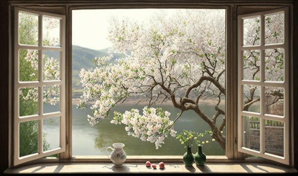 Fototapeta  an open window with a view of a tree and a lake in the distance and a vase with flowers in front of it and two vases on the window sill.  generative ai