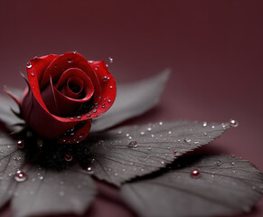 Red Rose flower with red gray leaves. Wallpaper of Blooming flower in gothic style with Copy space. Generative AI.