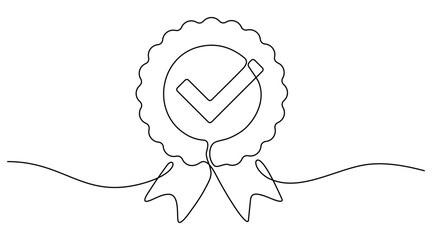Award badge continuous one line art drawing. Approval check ribbon contour line sign. Vector illustration isolated on white.