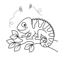 Cute cartoon chameleon. Black and white vector illustration for coloring book