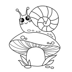 Cute cartoon snail on mushroom. Black and white vector illustration for coloring book