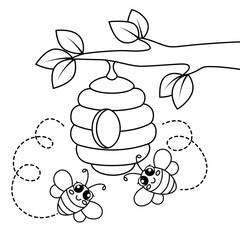 Cute cartoon bees fly around beehive. Black and white vector illustration for coloring book