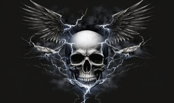  a skull with wings and a skull head on a black background with lightning bolts and a skull in the center of the image is a skull.  generative ai