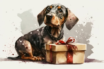 Cute dog with a gift, watercolor style. AI generative.