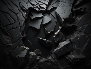 Edgy Elegance, Abstract Black Crumbled Rock Background with dramatic lighting. High quality render.