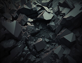 Abstract Black Crumbled Rock Background with dramatic lighting. For product placement or various design backgrounds.