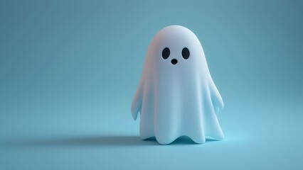 Small cute adorable ghost on gradient background. Copy space. 16:9 aspect ratio - obrazy, fototapety, plakaty