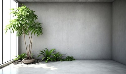  a room with a potted plant next to a window with a view of the outside of the room and a rock and grass area.  generative ai