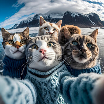 Cats friends taking a selfie during a winter trip Generative AI