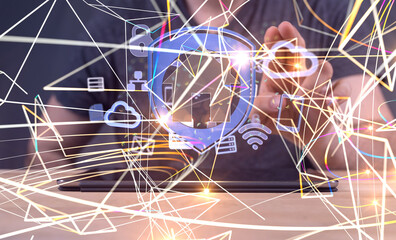 home iot - Neural network 3D illustration. Big data and cybersecurity