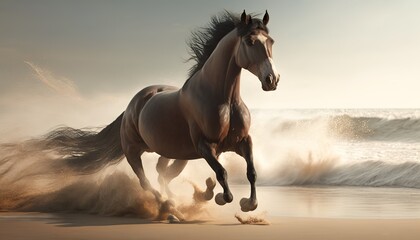 Fototapeta na wymiar beautiful image of a huge brown horse running on the beach in the sand 