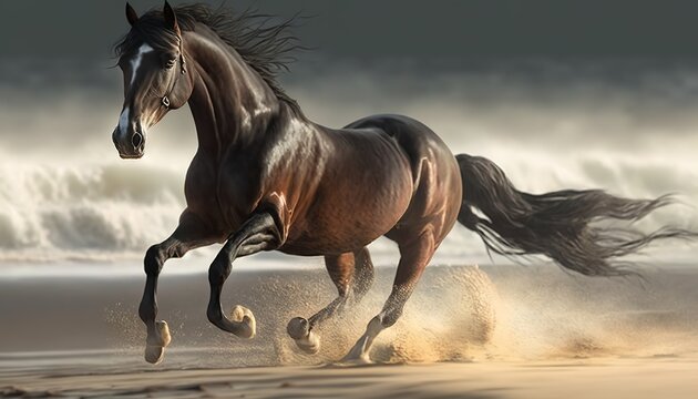 beautiful image of a huge brown horse running on the beach in the sand
