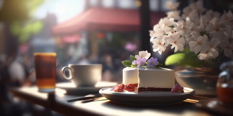 Fototapeta premium summer street cafe ,flowers decoration in rown , cup of coffe and cake ,people silhouette on summer romantic background generated ai