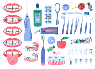 Vector dental oral care hand drawn doodle set. Smile and teeth care mouthwash, toothpaste, tongue scraper tools. Dentistry plaque tablets, water flosser and different types of toothbrush illustration