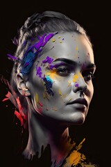Woman with paint splashes on her face, female art portrait with black background, generative ai