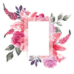 Watercolor floral frames with pink and red flowers. Trendy color viva magenta. Color of the year. Isolated on white background