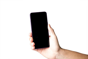 Hand holding smartphone on neutral background. smartphone concept. app concept.
