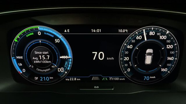 Top Speed Performance Racing Electric Car Dashboard. Pushing The Limits. Tachometer Showing Extreme Performance. Powerful Electric Engine. Electric Vehicle Dashboard Panel. Max Speed Electric Car.